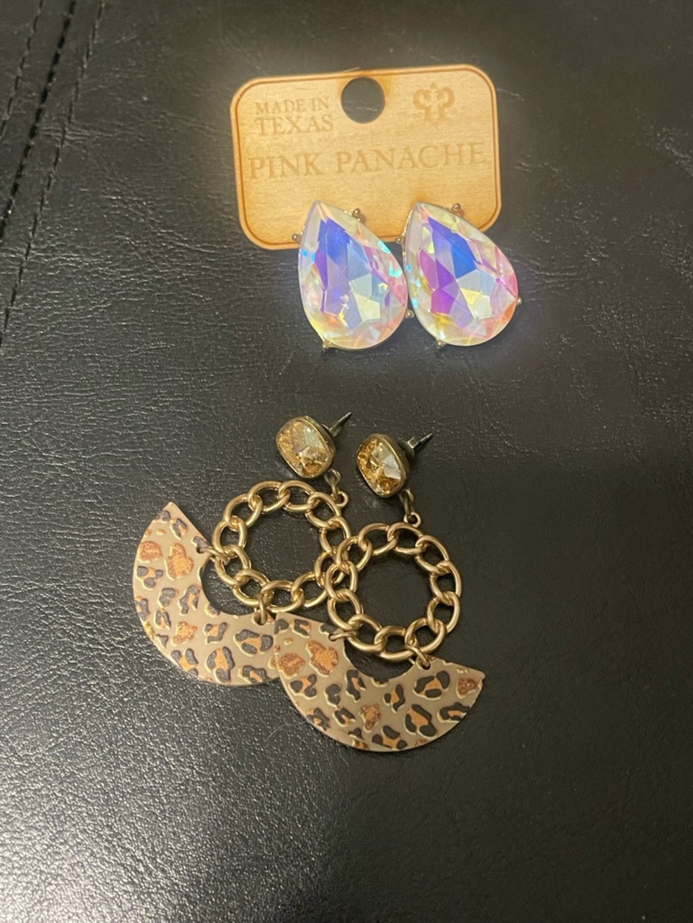 Panache Iridescent Teardrop Studs and Gold Leopard Hoop Drop Earrings
